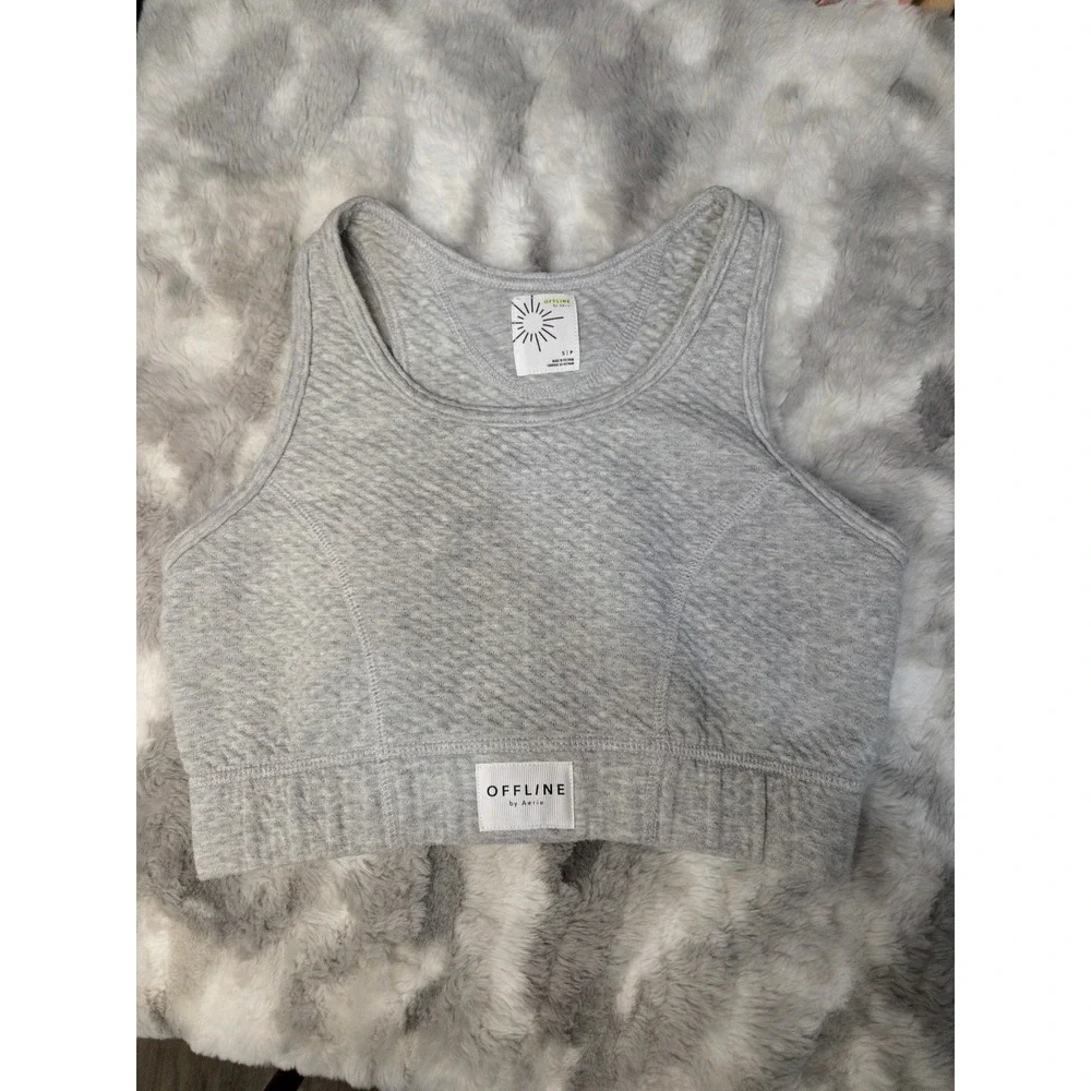 OFFLINE by Aerie Quilted Sports Bra Heather Gray Racerback Scoop Neck Size S